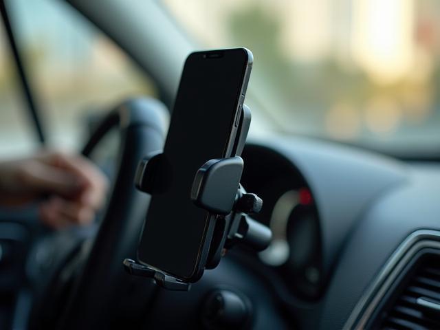 Black universal dashboard car mount holding a smartphone